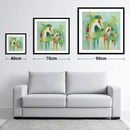 Contemporary Equine Harmony - size guide showing 40cm, 70cm and 90cm art prints