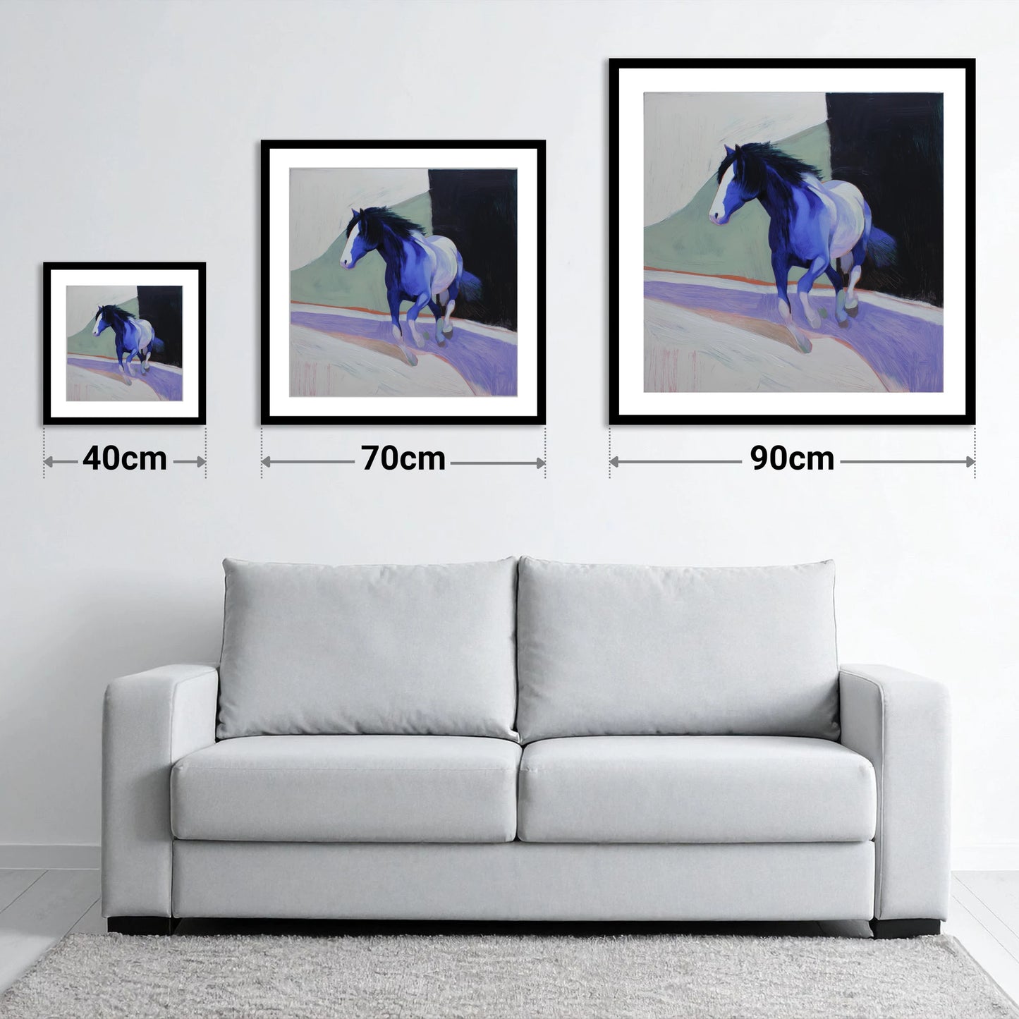 The Cobalt Stride - size guide showing 40cm, 70cm and 90cm art prints
