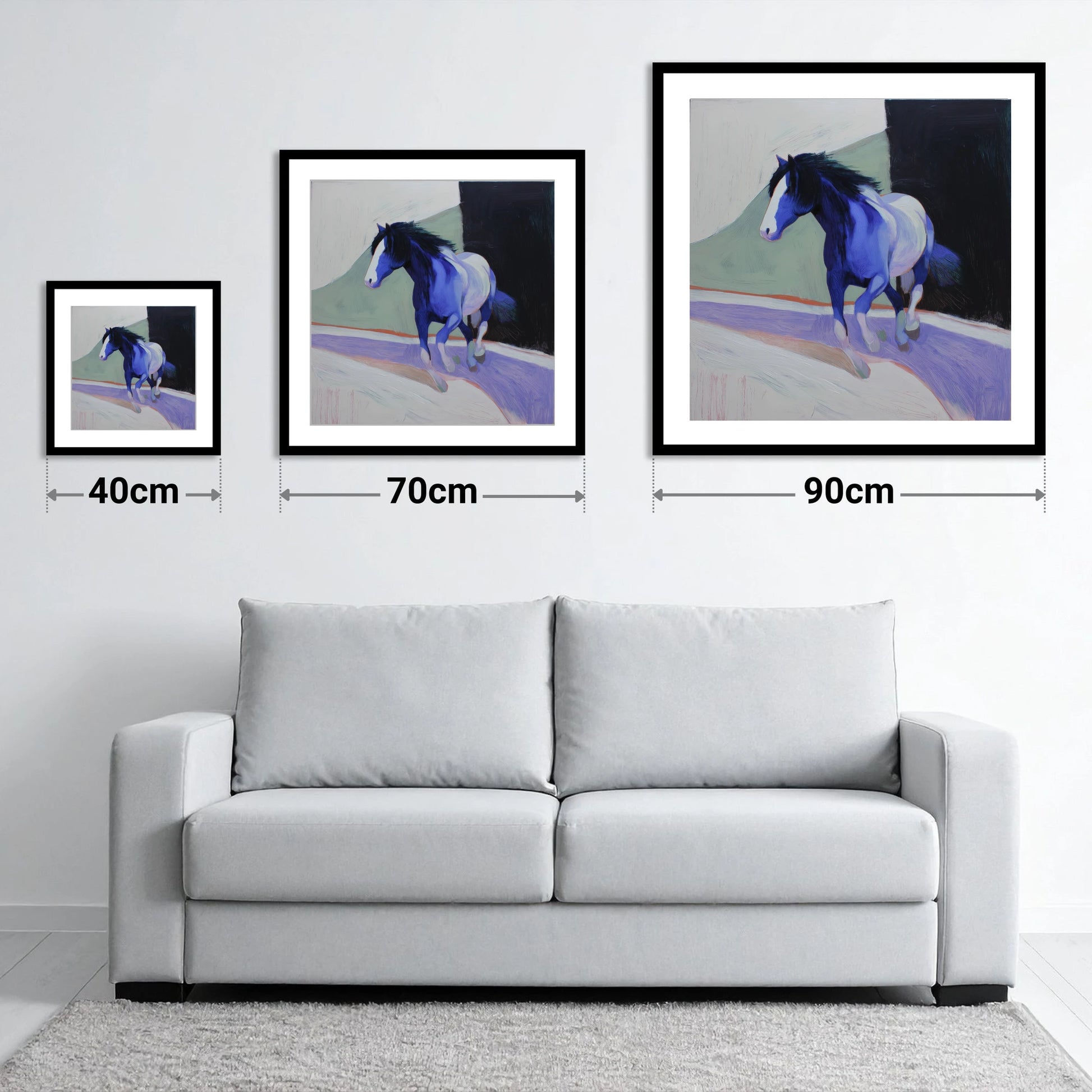 The Cobalt Stride - size guide showing 40cm, 70cm and 90cm art prints