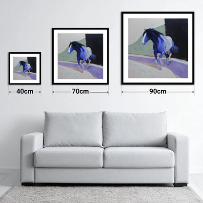 The Cobalt Stride - size guide showing 40cm, 70cm and 90cm art prints