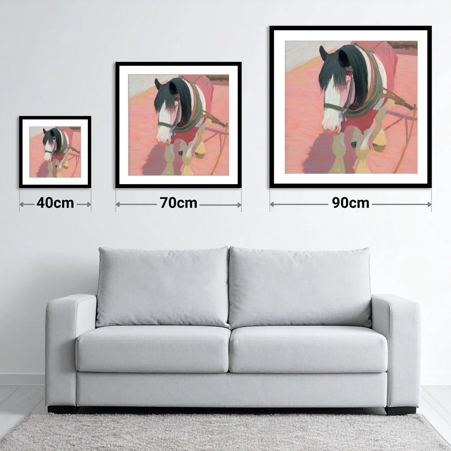 The Patient Draught - size guide showing 40cm, 70cm and 90cm art prints