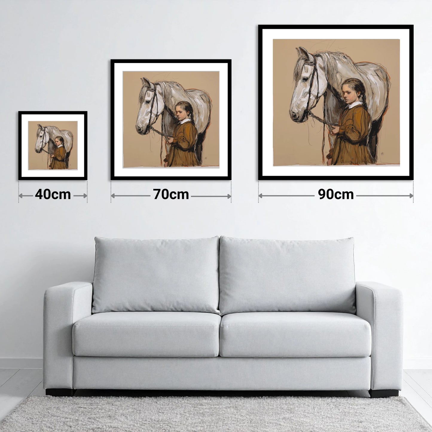 Gentle Guidance - size guide showing 40cm, 70cm and 90cm art prints