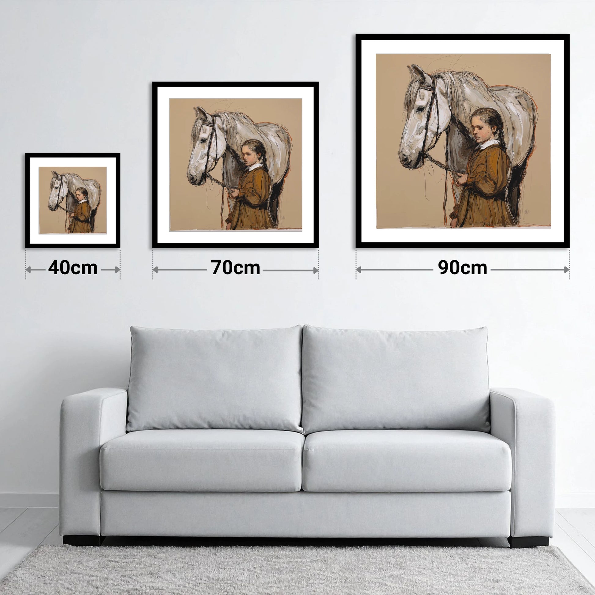 Gentle Guidance - size guide showing 40cm, 70cm and 90cm art prints