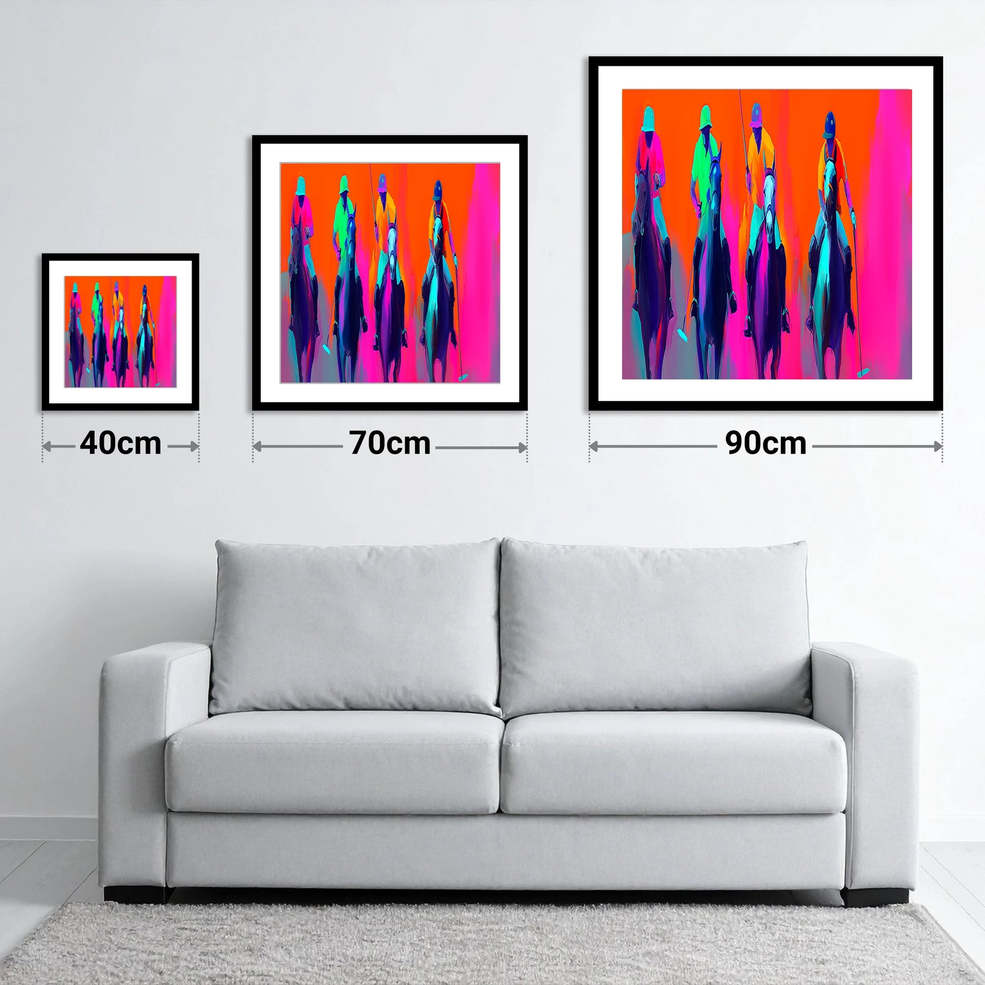 Neon Polo Charge - size guide showing 40cm, 70cm and 90cm art prints