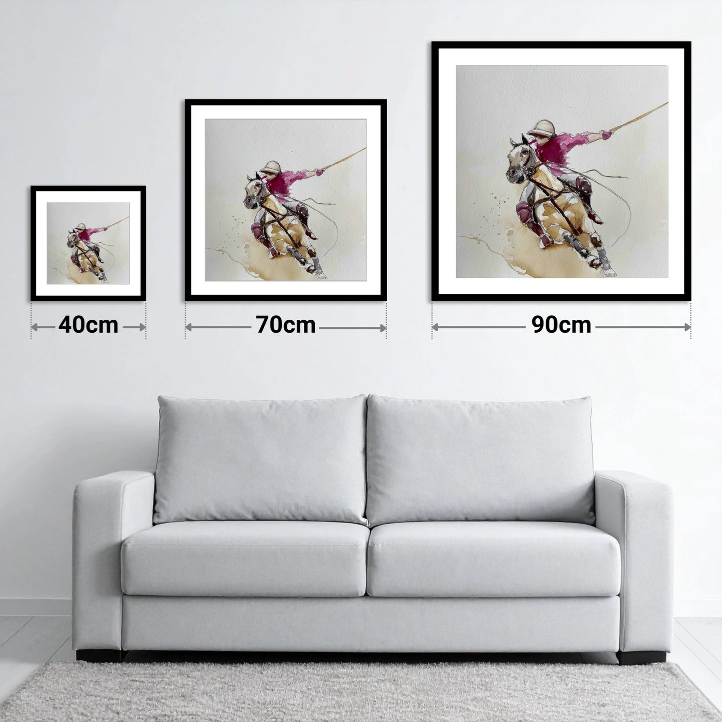 The Decisive Swing - size guide showing 40cm, 70cm and 90cm art prints