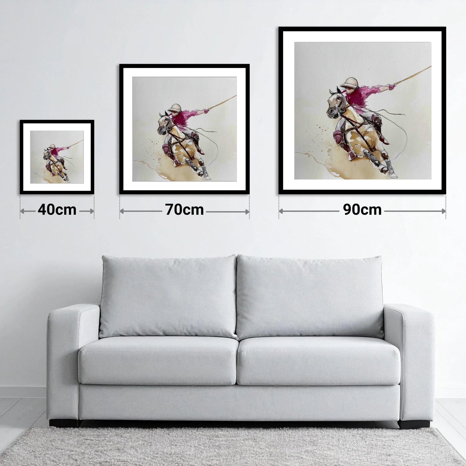 The Decisive Swing - size guide showing 40cm, 70cm and 90cm art prints