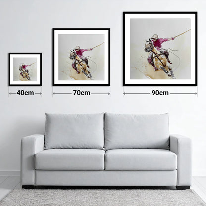 The Decisive Swing - size guide showing 40cm, 70cm and 90cm art prints