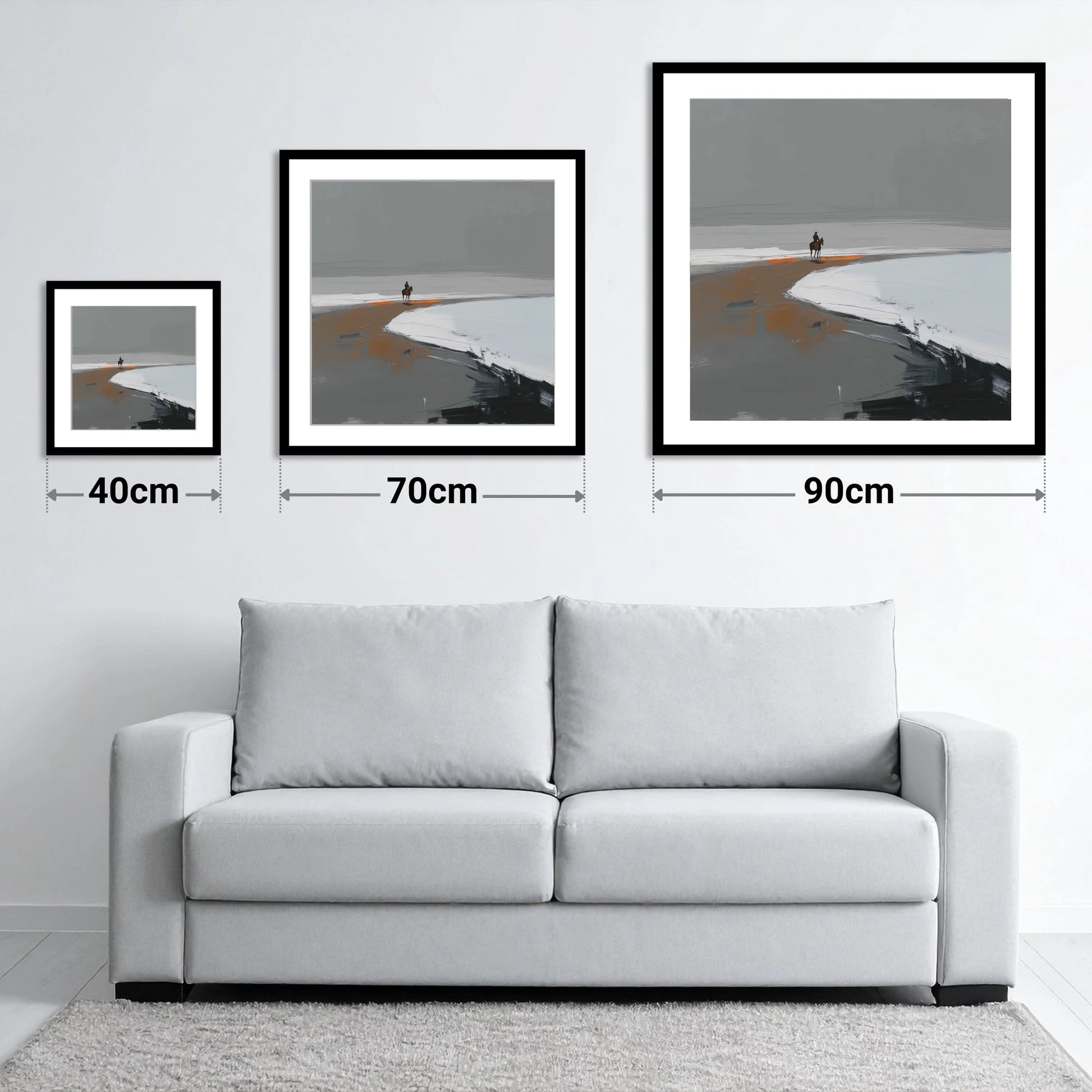 The Solitary Hack - size guide showing 40cm, 70cm and 90cm art prints