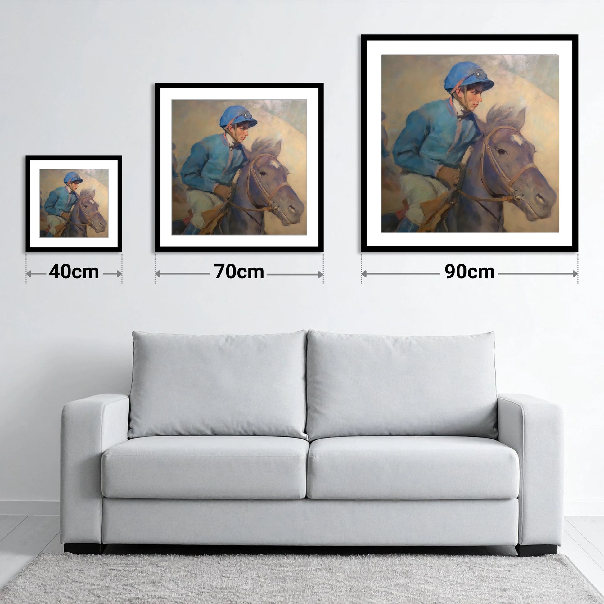 The Cerulean Silks - size guide showing 40cm, 70cm and 90cm art prints