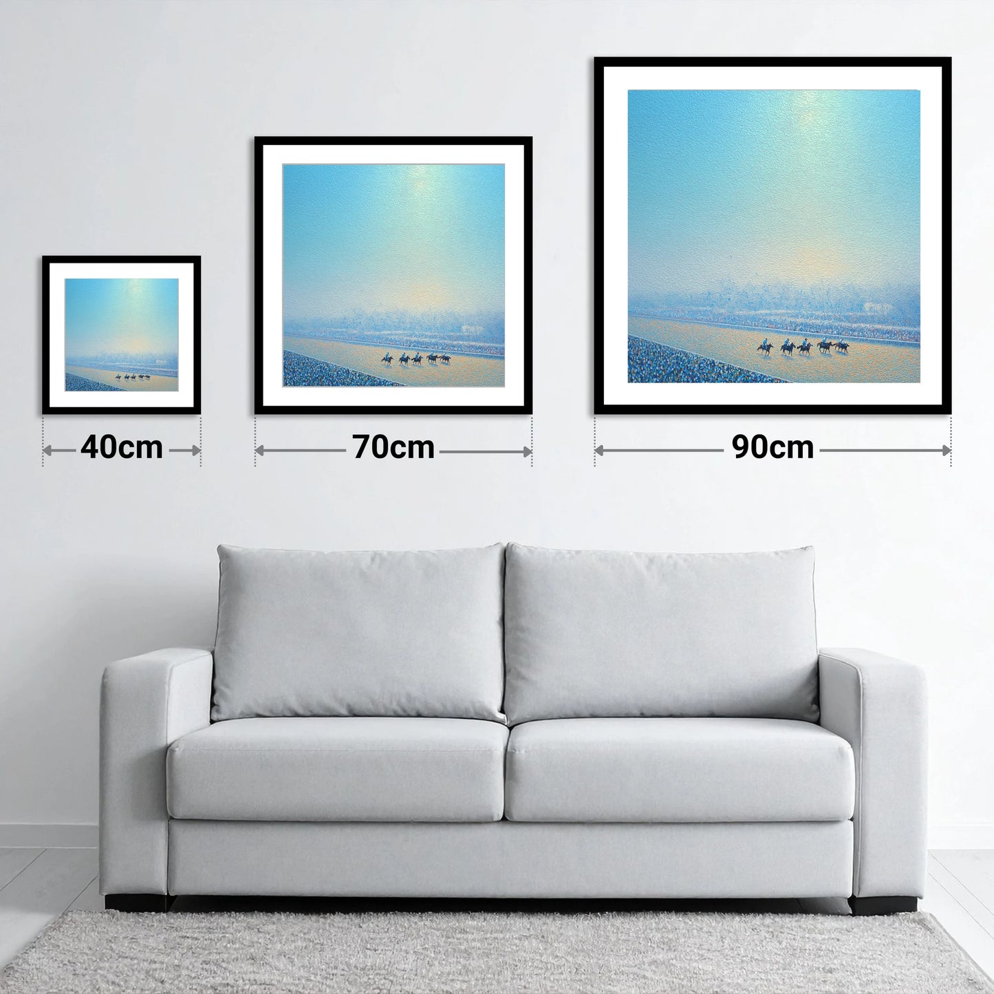 Luminous Morning Race - size guide showing 40cm, 70cm and 90cm art prints