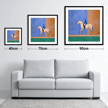 Contemporary Dressage Silhouette - size guide showing 40cm, 70cm and 90cm art prints
