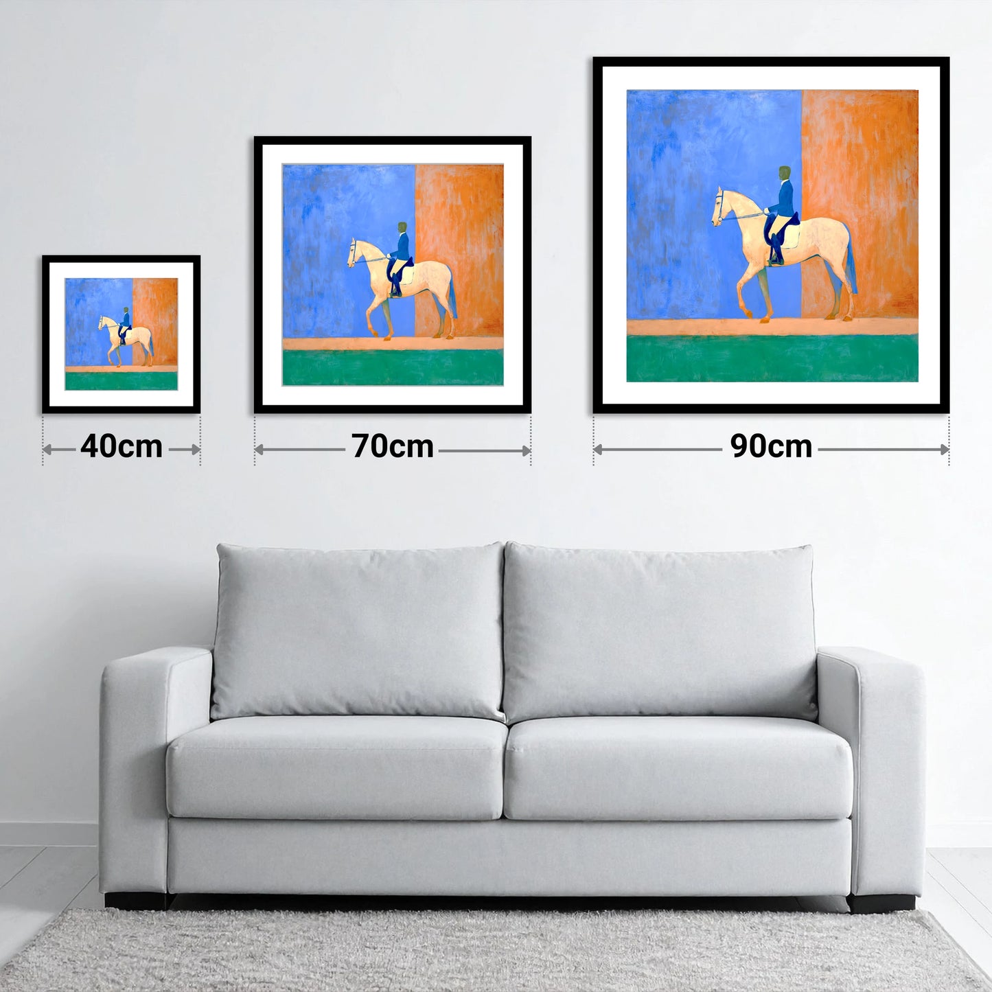 Contemporary Dressage Silhouette - size guide showing 40cm, 70cm and 90cm art prints