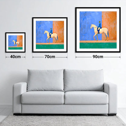 Contemporary Dressage Silhouette - size guide showing 40cm, 70cm and 90cm art prints