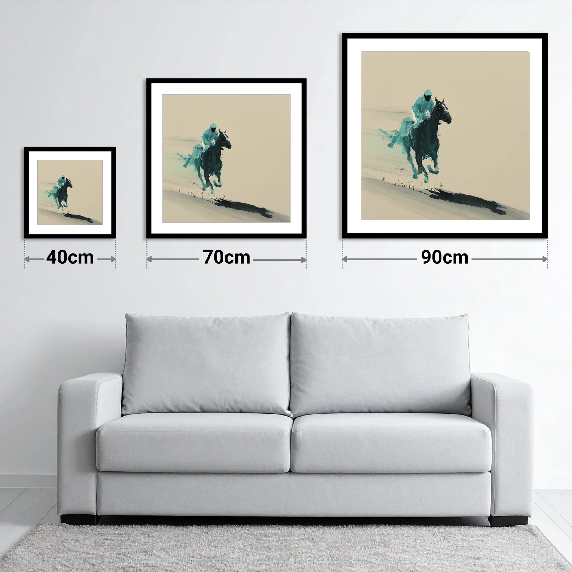 Velocity in Teal - size guide showing 40cm, 70cm and 90cm art prints