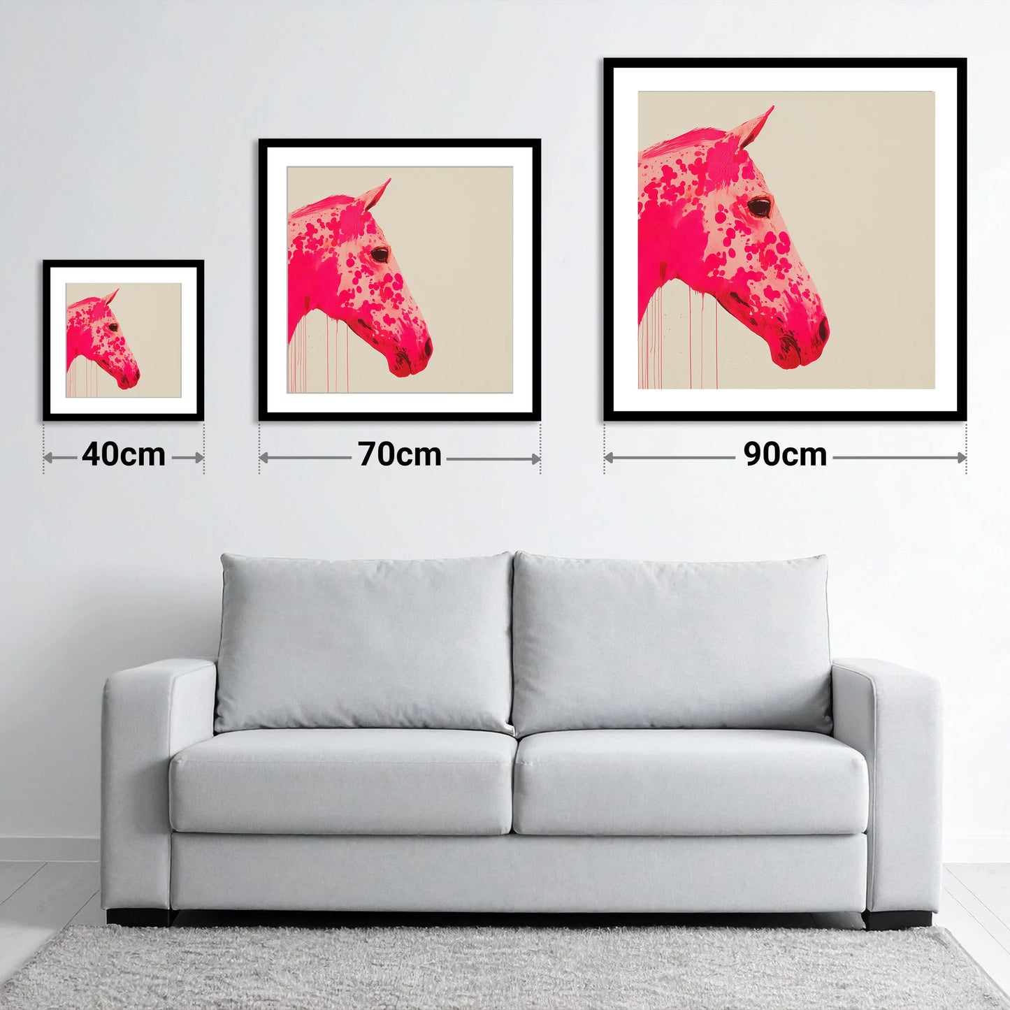 Vibrant Magenta Profile - size guide showing 40cm, 70cm and 90cm art prints