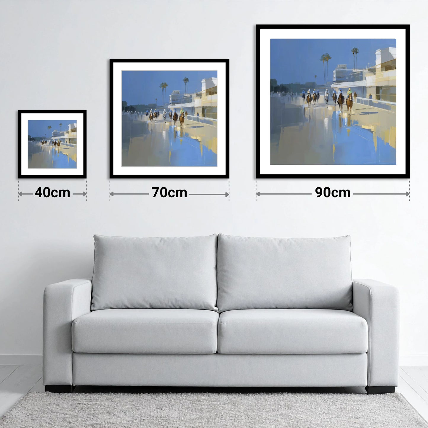 Race Day Reflections - size guide showing 40cm, 70cm and 90cm art prints