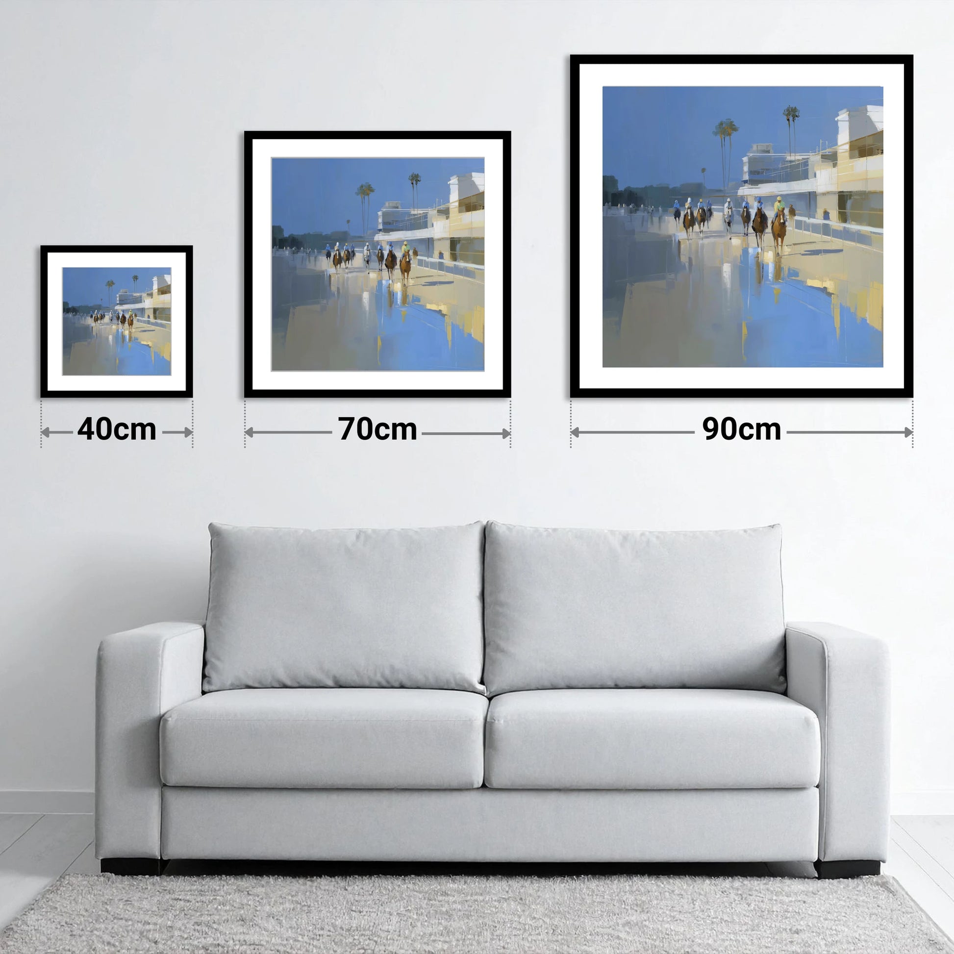 Race Day Reflections - size guide showing 40cm, 70cm and 90cm art prints