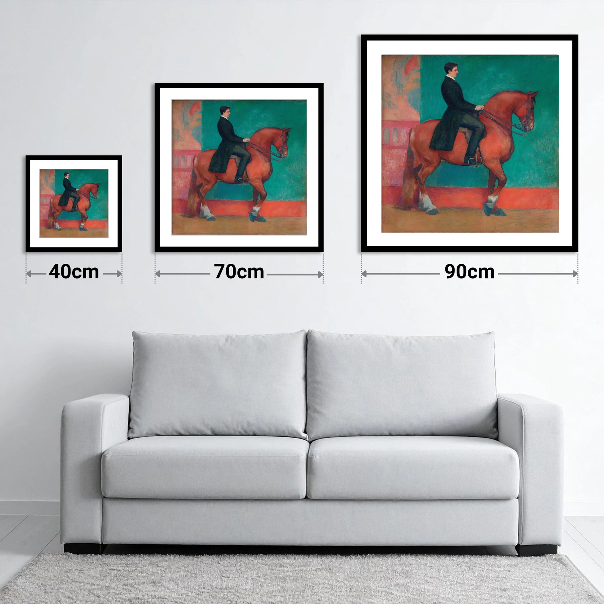 Collected Chestnut in Emerald - size guide showing 40cm, 70cm and 90cm art prints