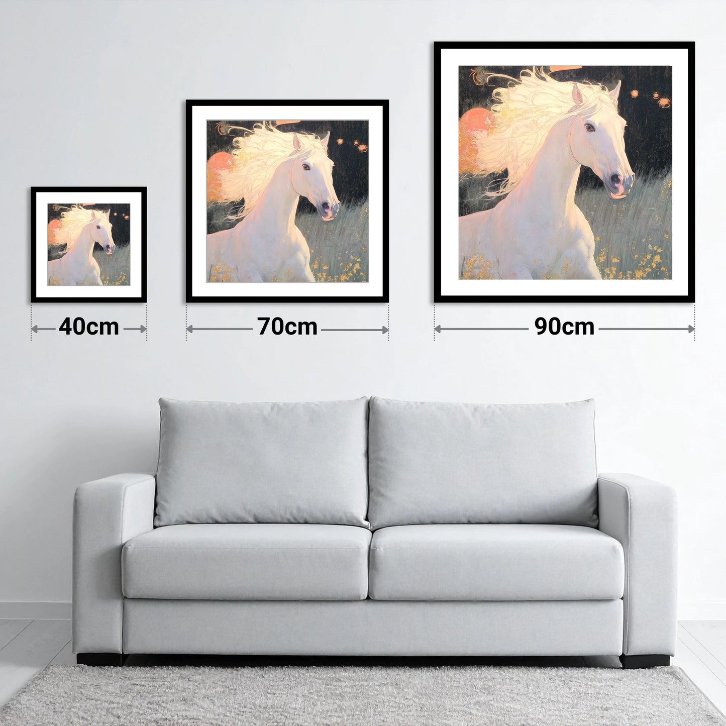 Celestial Grey - size guide showing 40cm, 70cm and 90cm art prints
