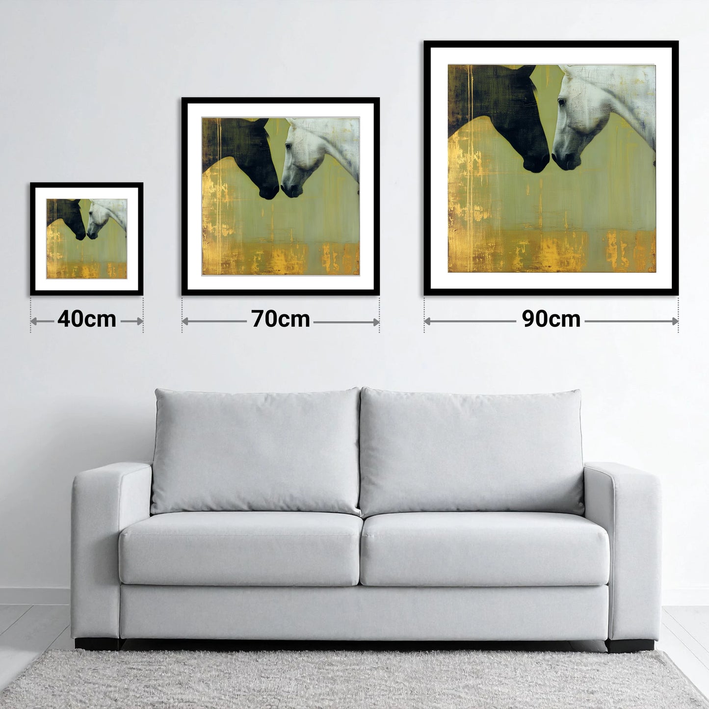 Quiet Connection - size guide showing 40cm, 70cm and 90cm art prints