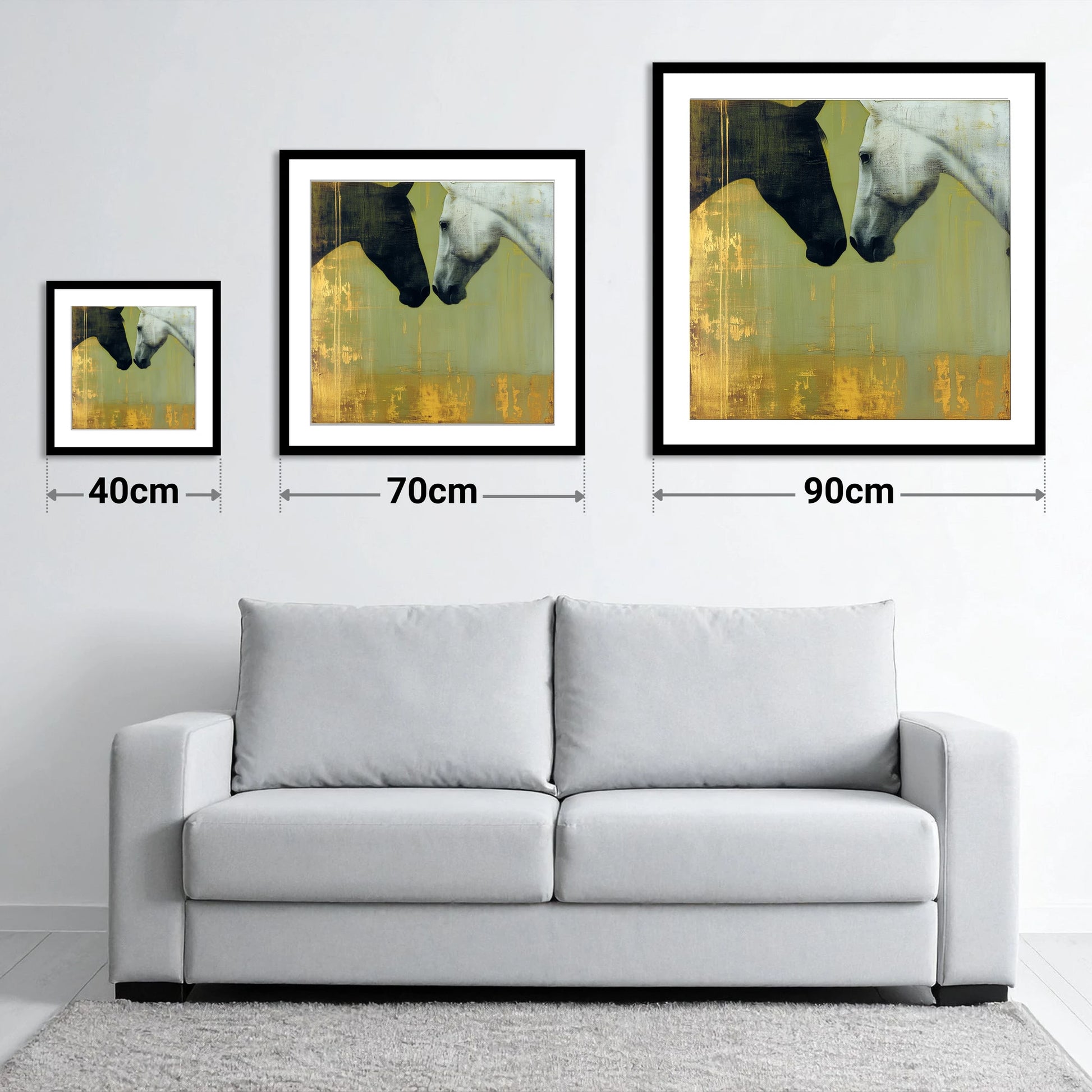Quiet Connection - size guide showing 40cm, 70cm and 90cm art prints