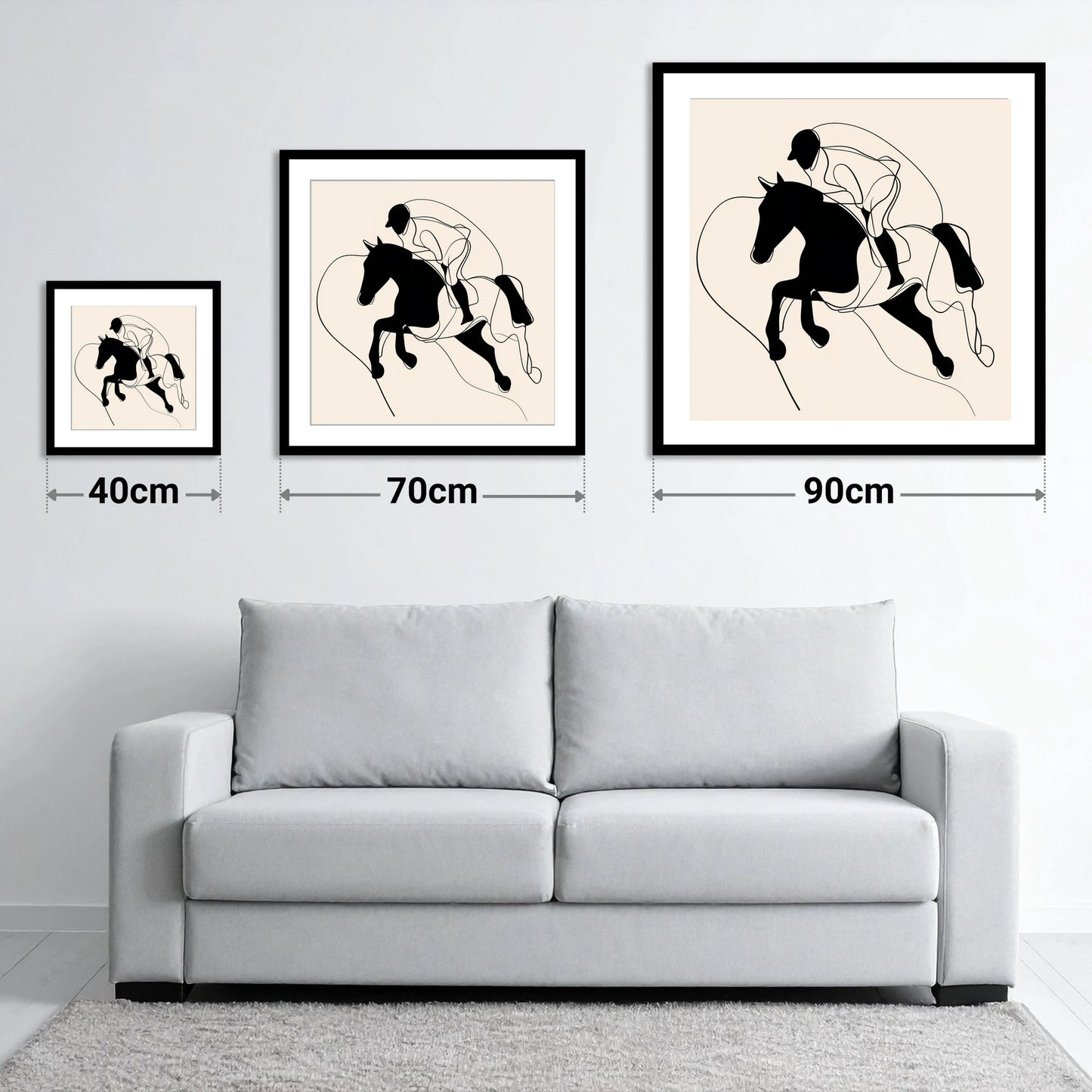 Airborne Elegance - size guide showing 40cm, 70cm and 90cm art prints
