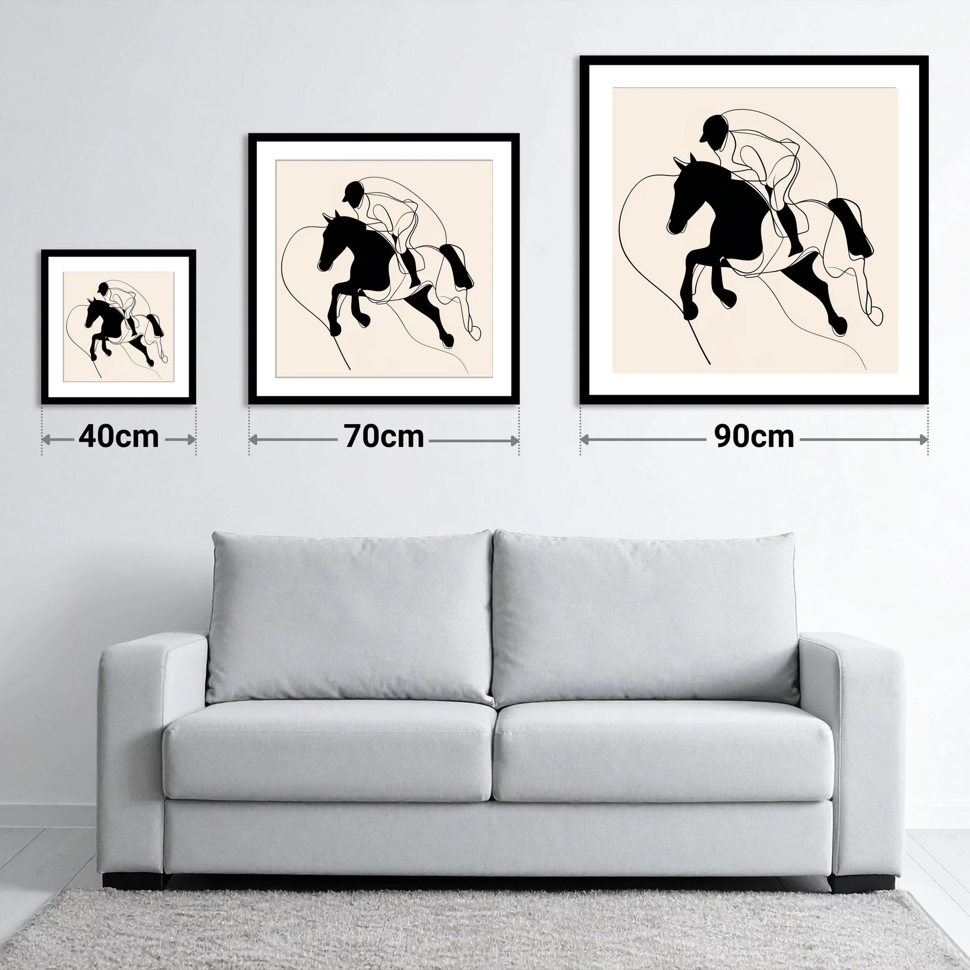 Airborne Elegance - size guide showing 40cm, 70cm and 90cm art prints