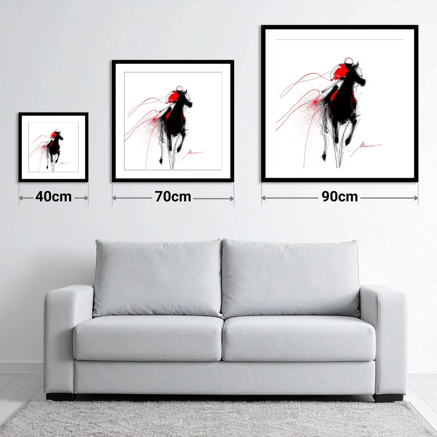 Crimson Gallop - size guide showing 40cm, 70cm and 90cm art prints