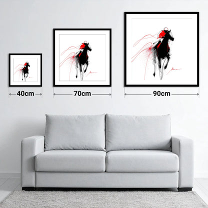 Crimson Gallop - size guide showing 40cm, 70cm and 90cm art prints