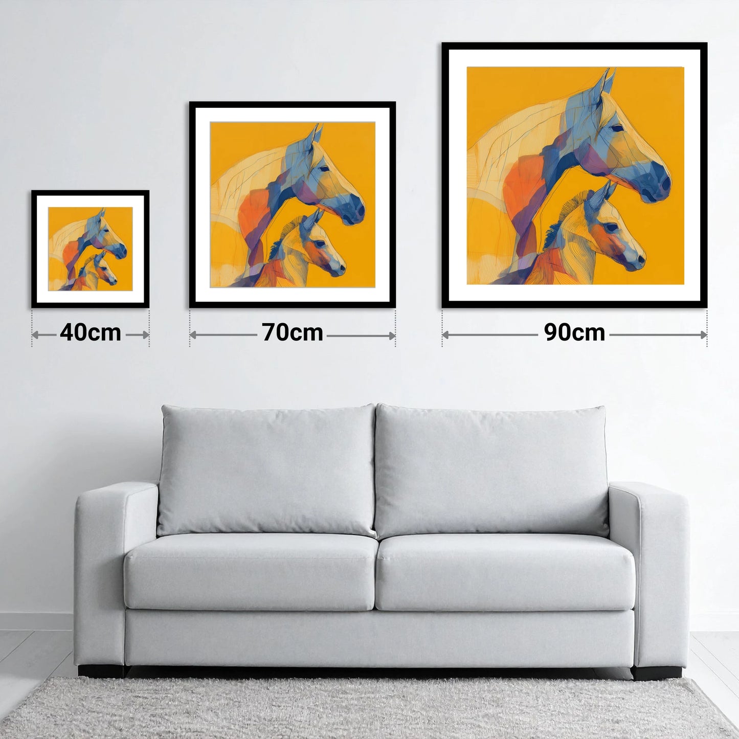 Golden Lineage - size guide showing 40cm, 70cm and 90cm art prints