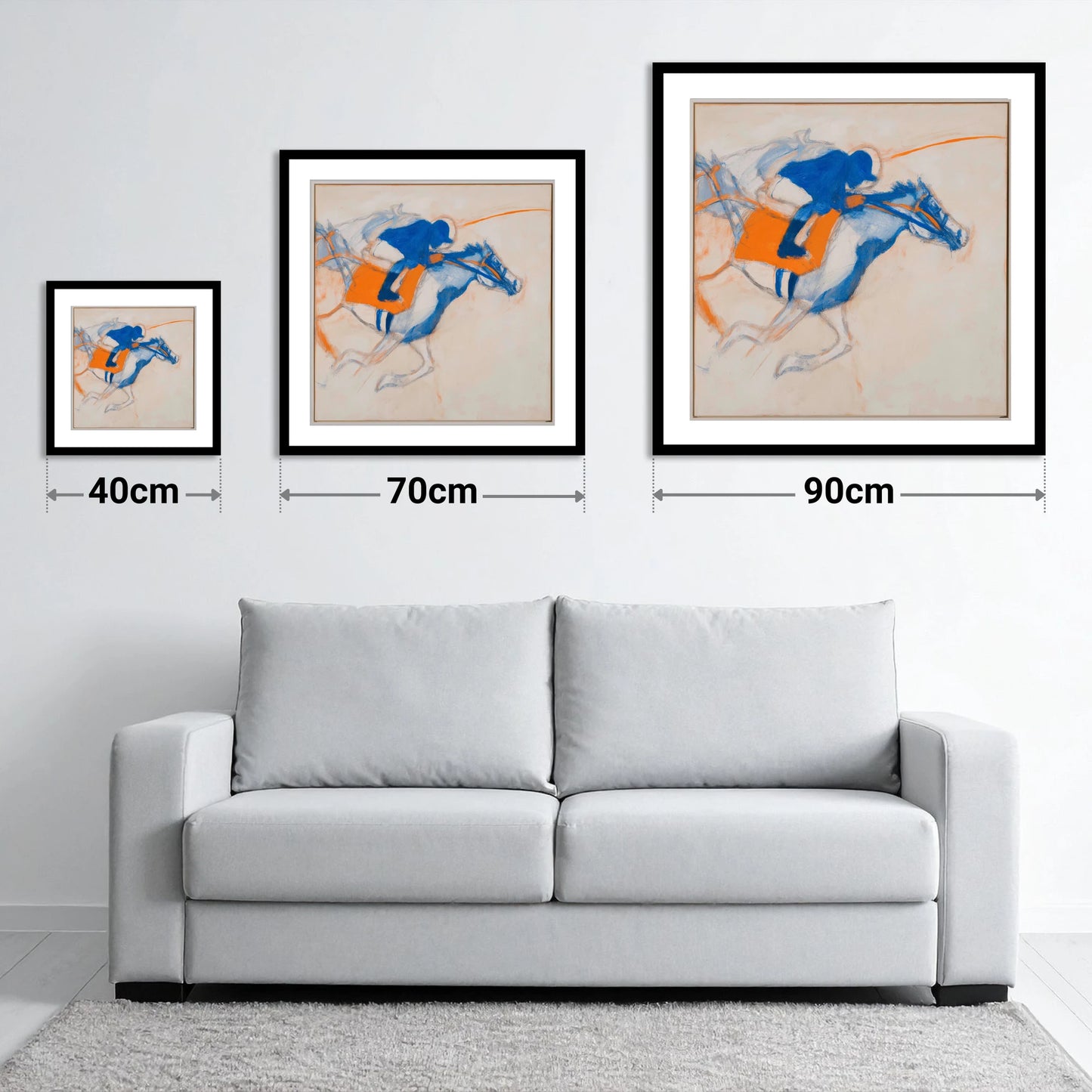 Gallop in Blue - size guide showing 40cm, 70cm and 90cm art prints