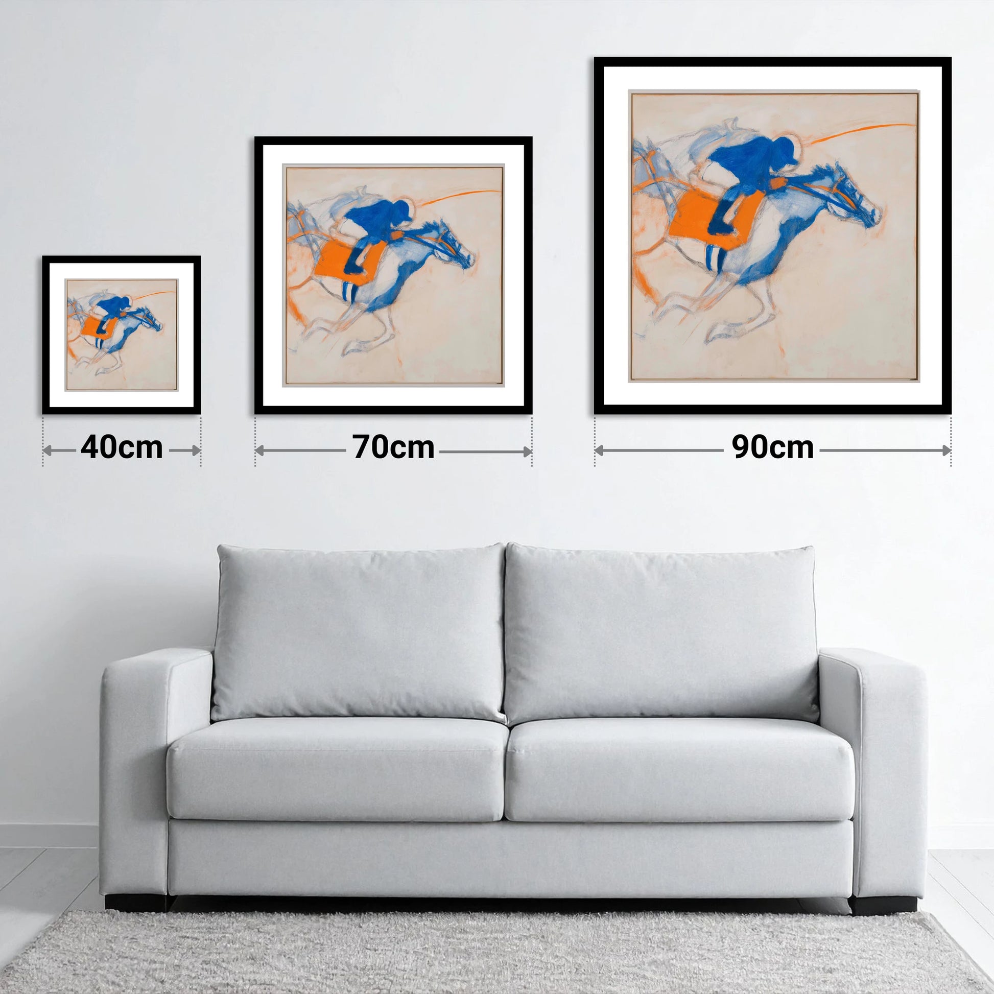 Gallop in Blue - size guide showing 40cm, 70cm and 90cm art prints