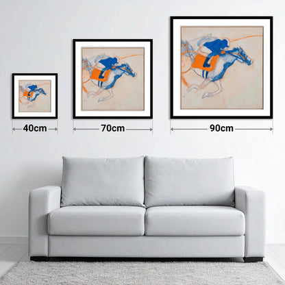 Gallop in Blue - size guide showing 40cm, 70cm and 90cm art prints