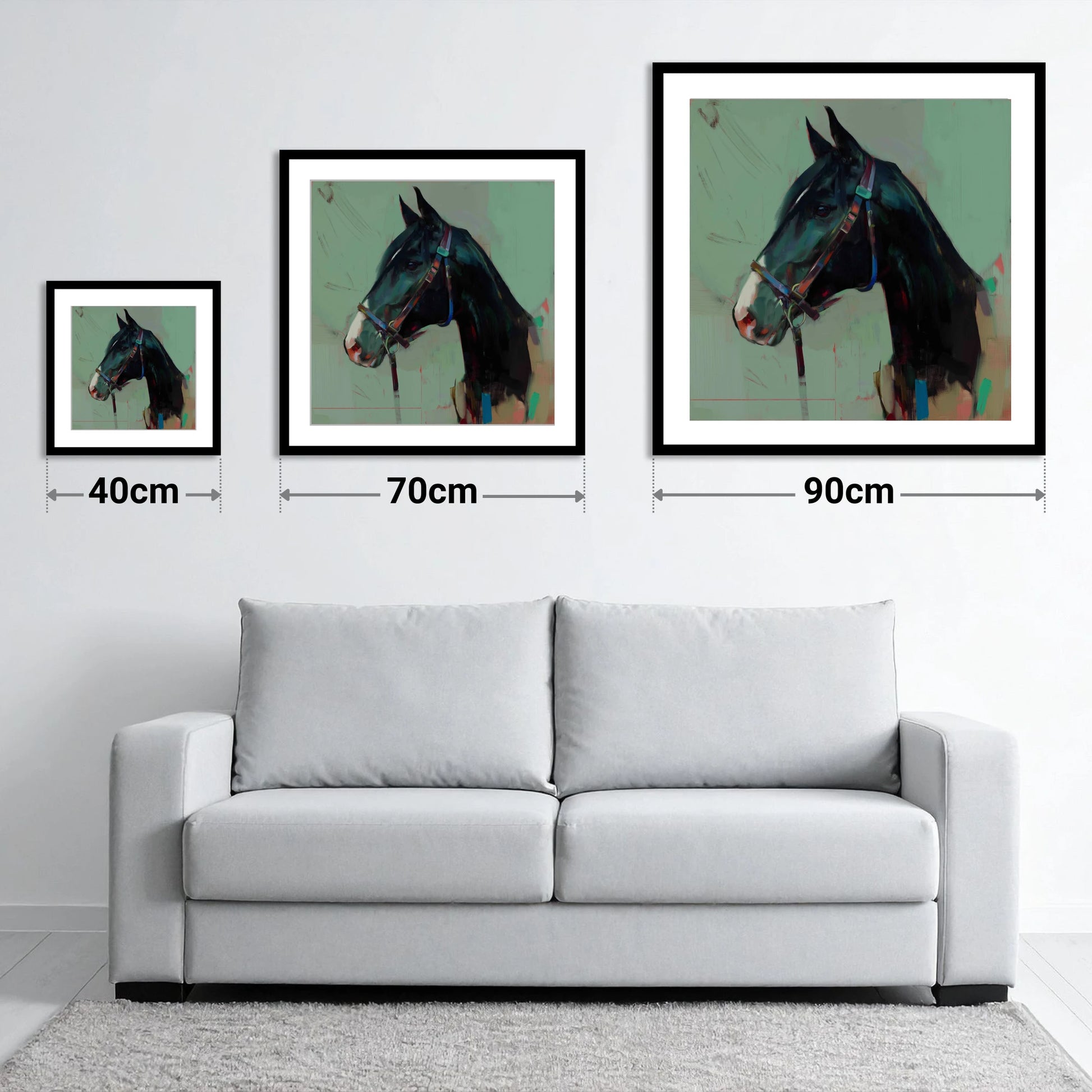 Midnight Profile in Teal - size guide showing 40cm, 70cm and 90cm art prints