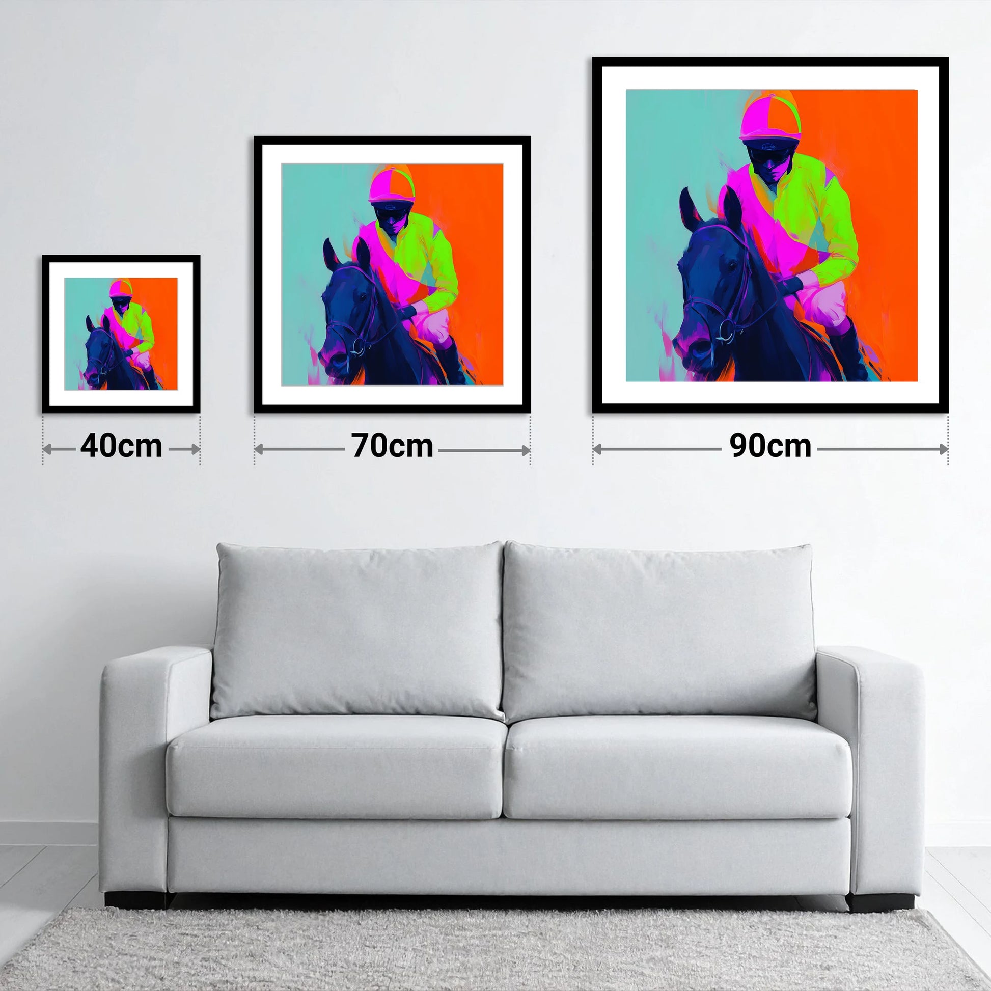 Electric Pace - size guide showing 40cm, 70cm and 90cm art prints
