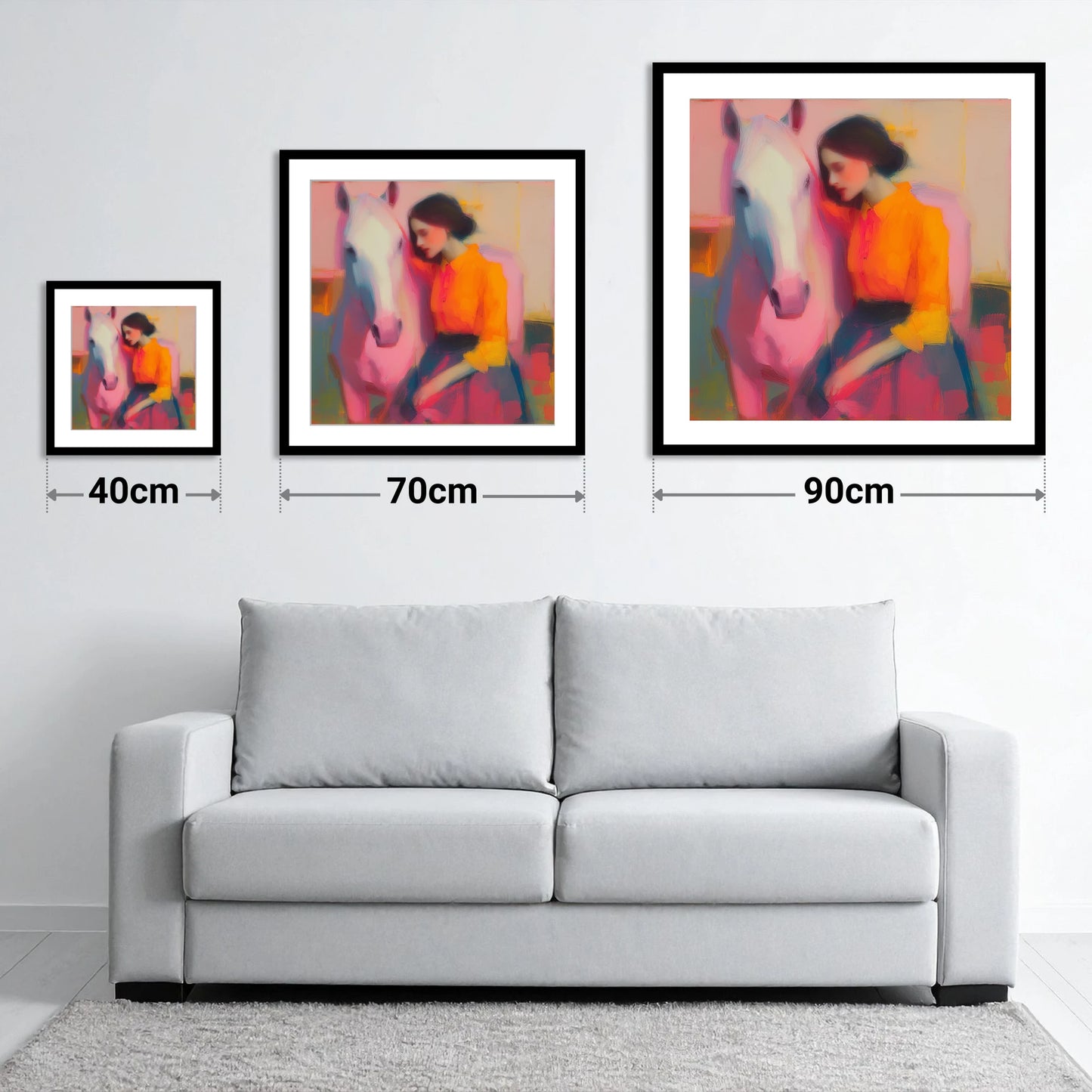 Vivid Embrace - size guide showing 40cm, 70cm and 90cm art prints
