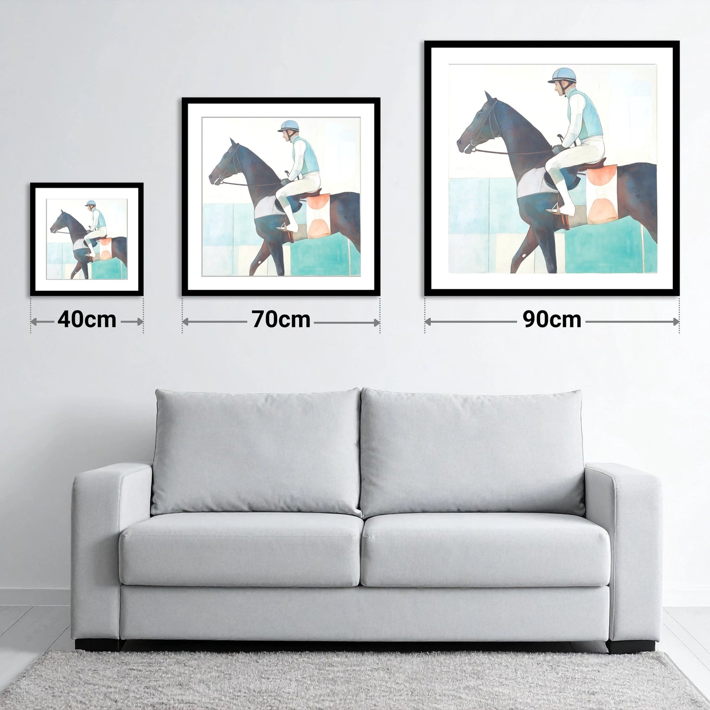 Aquamarine Stride - size guide showing 40cm, 70cm and 90cm art prints