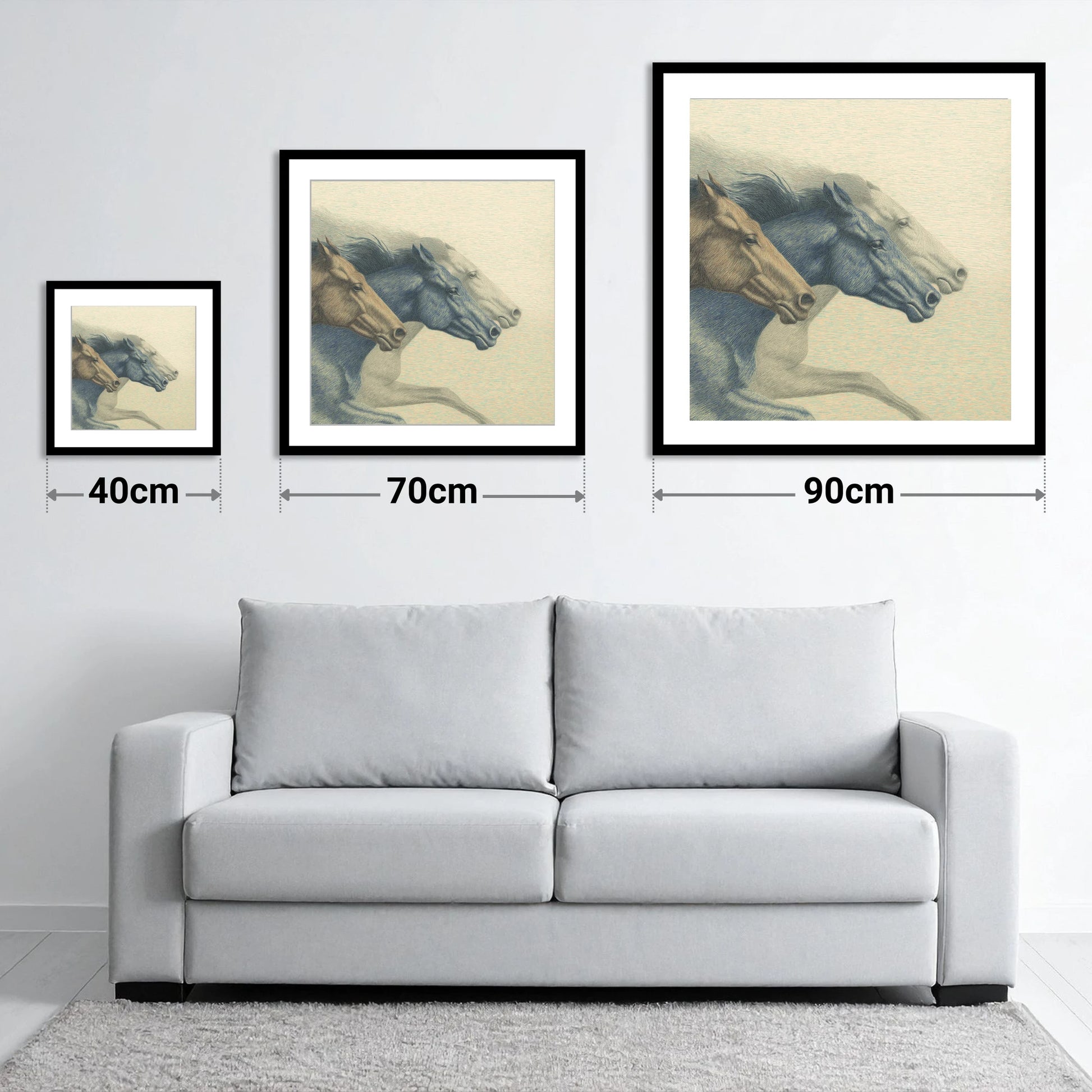 Stride For Stride - size guide showing 40cm, 70cm and 90cm art prints