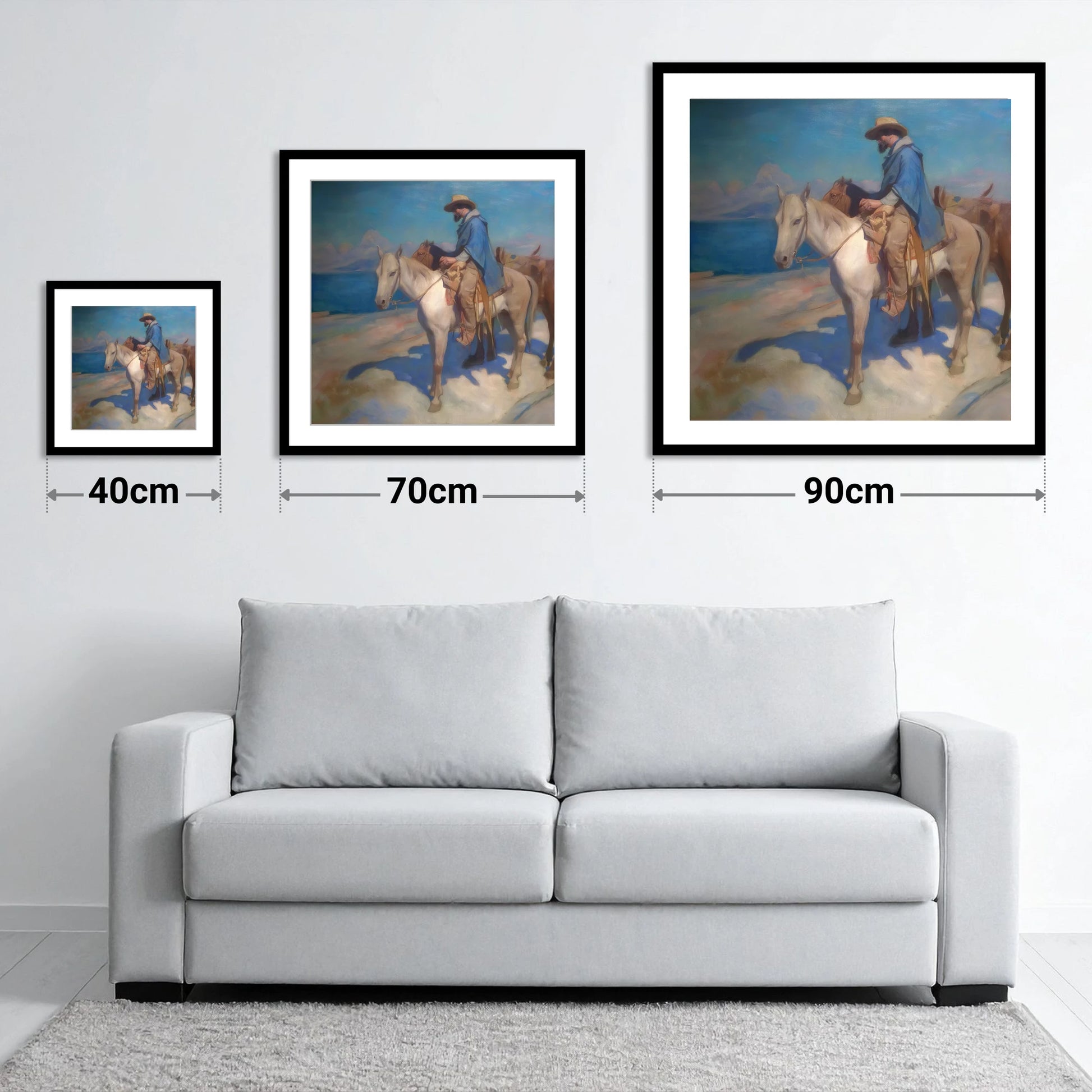 The Azure Trail - size guide showing 40cm, 70cm and 90cm art prints