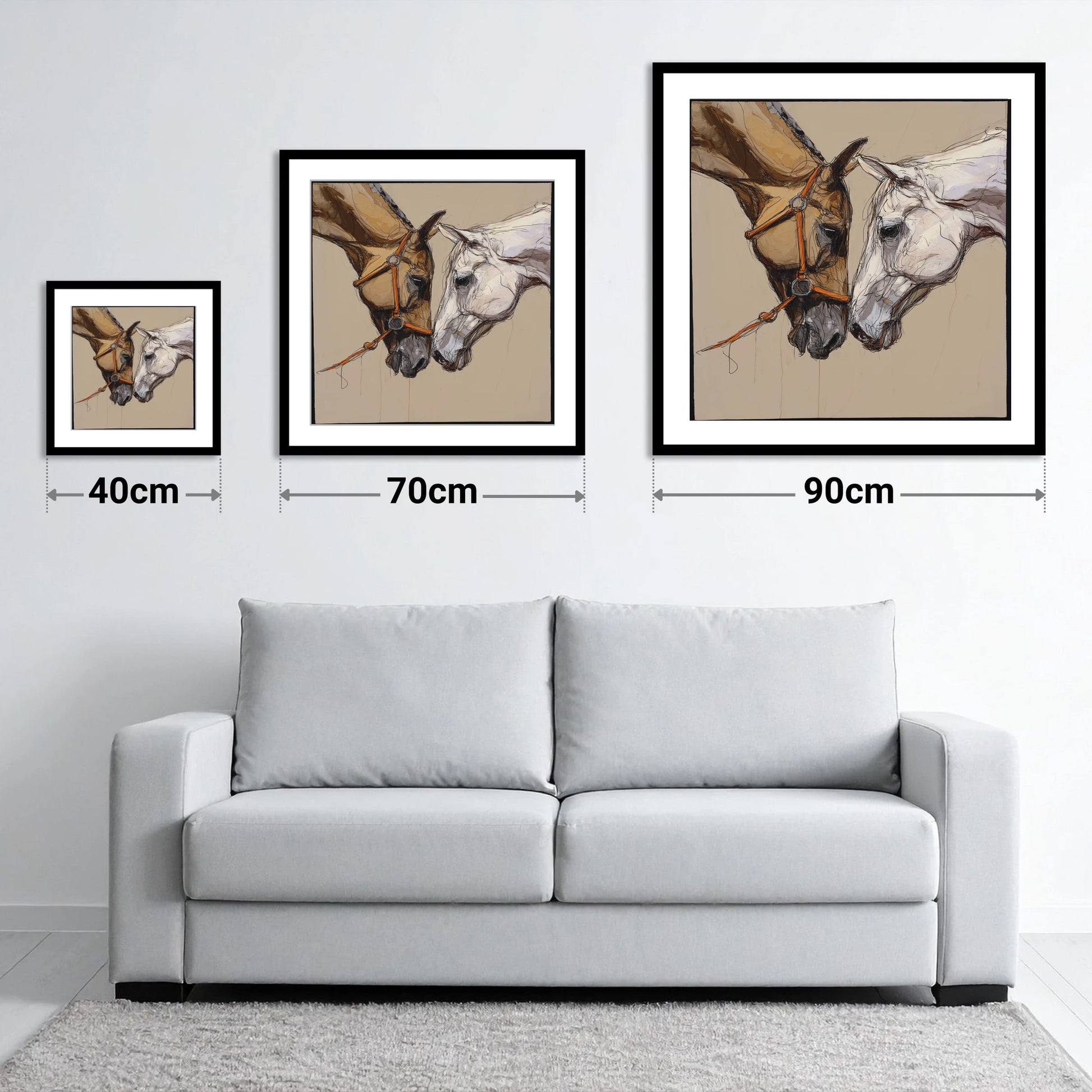 A Quiet Connection - size guide showing 40cm, 70cm and 90cm art prints