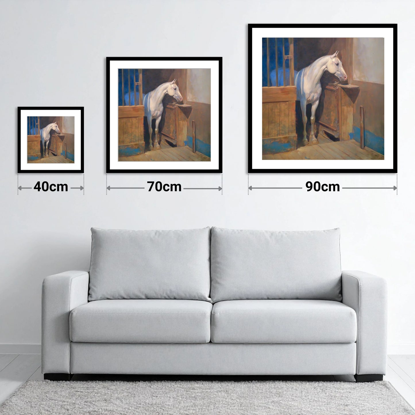 Solitude in the Stall - size guide showing 40cm, 70cm and 90cm art prints