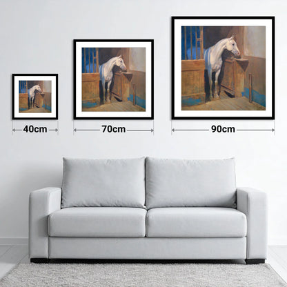 Solitude in the Stall - size guide showing 40cm, 70cm and 90cm art prints