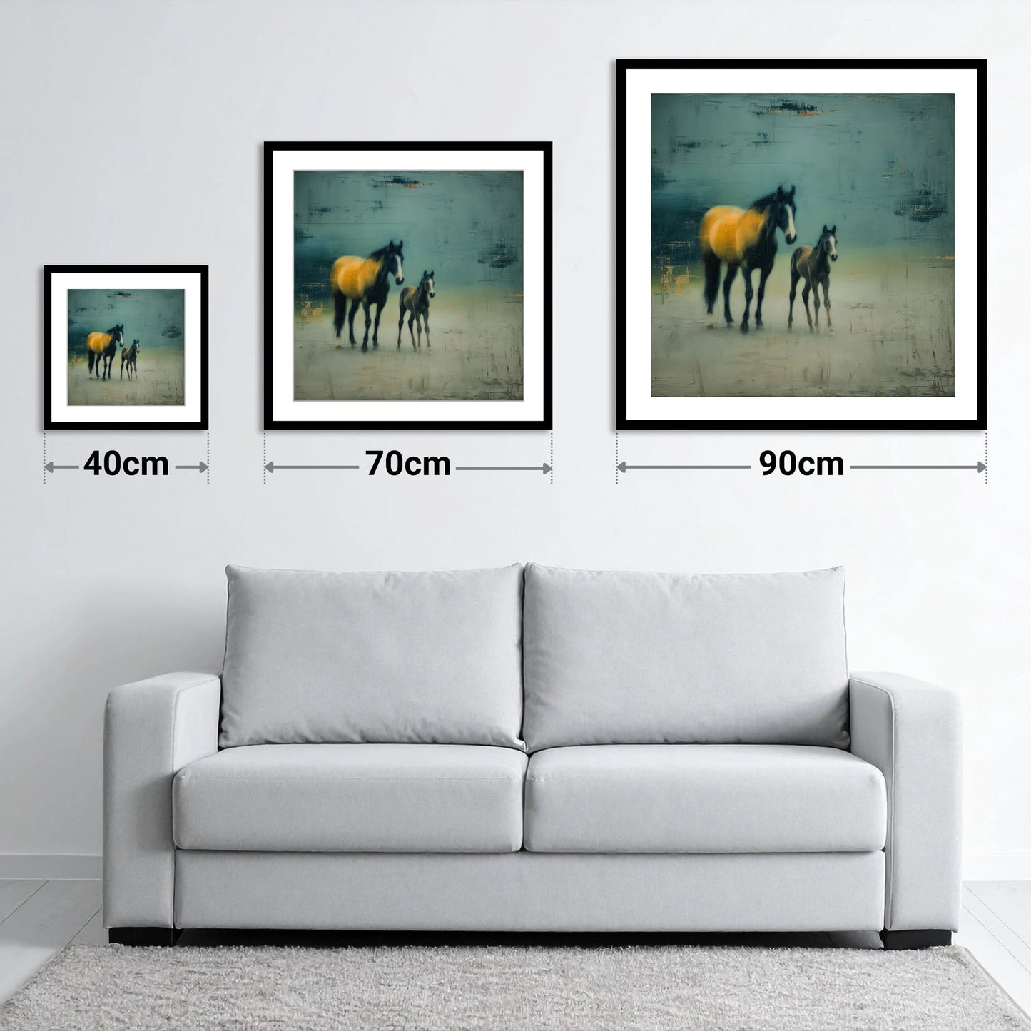 Ochre Light and Shadow - size guide showing 40cm, 70cm and 90cm art prints