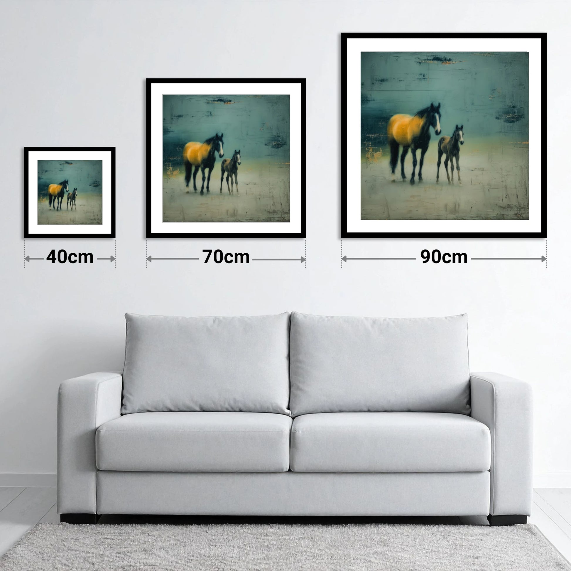 Ochre Light and Shadow - size guide showing 40cm, 70cm and 90cm art prints