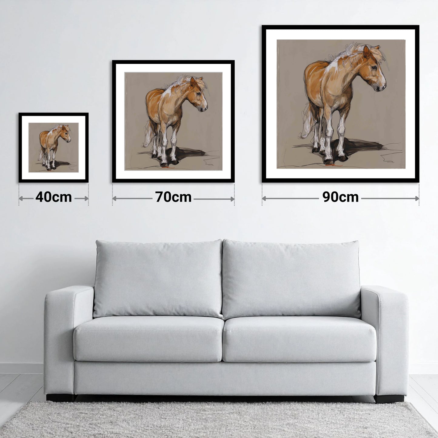 Quiet Flaxen Study - size guide showing 40cm, 70cm and 90cm art prints