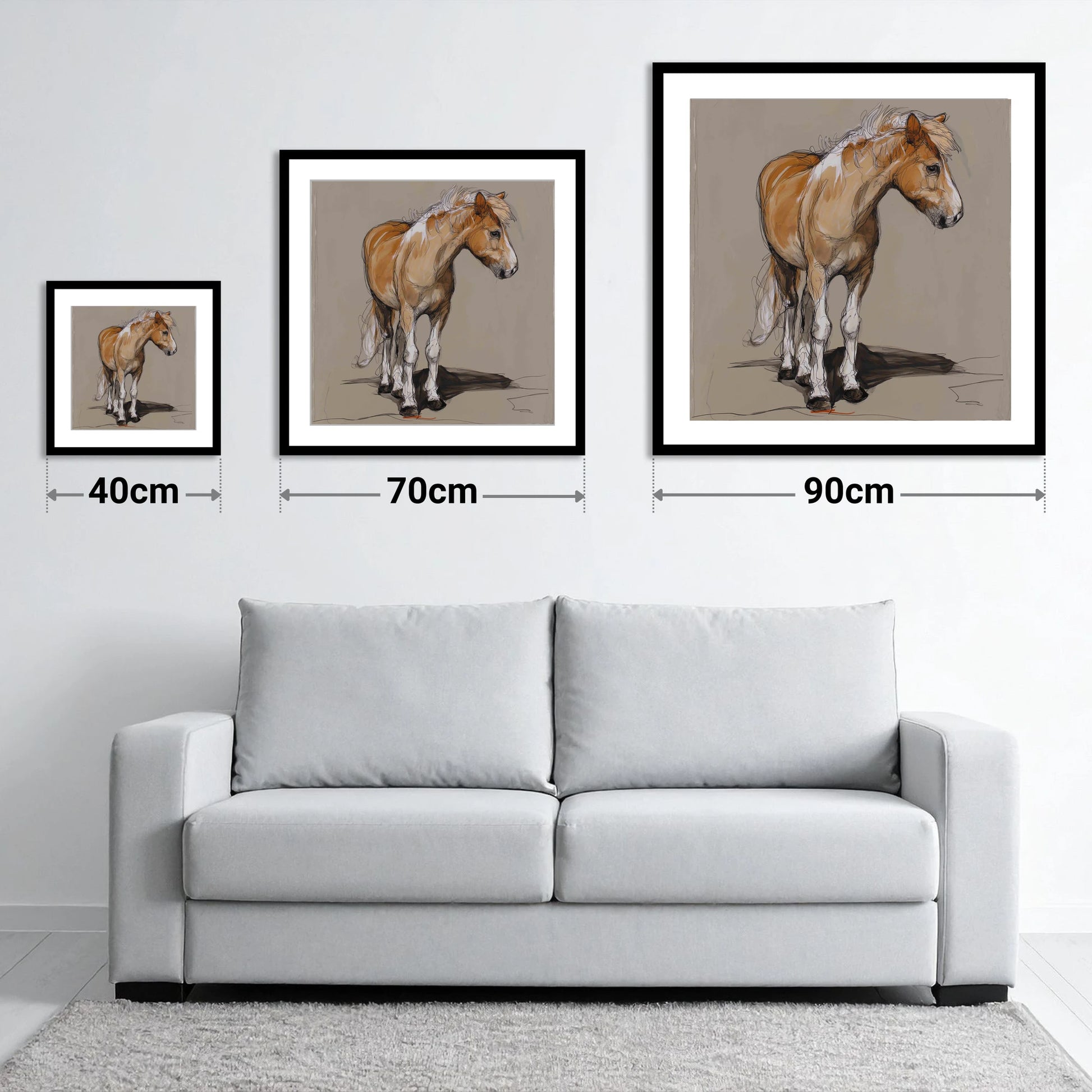 Quiet Flaxen Study - size guide showing 40cm, 70cm and 90cm art prints