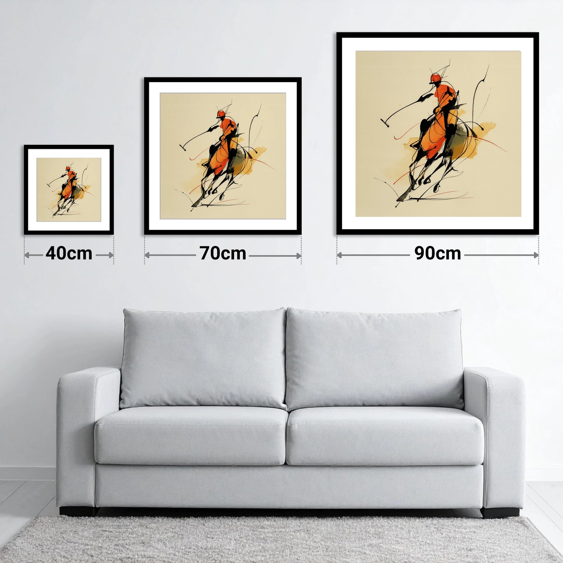 The Decisive Strike - size guide showing 40cm, 70cm and 90cm art prints