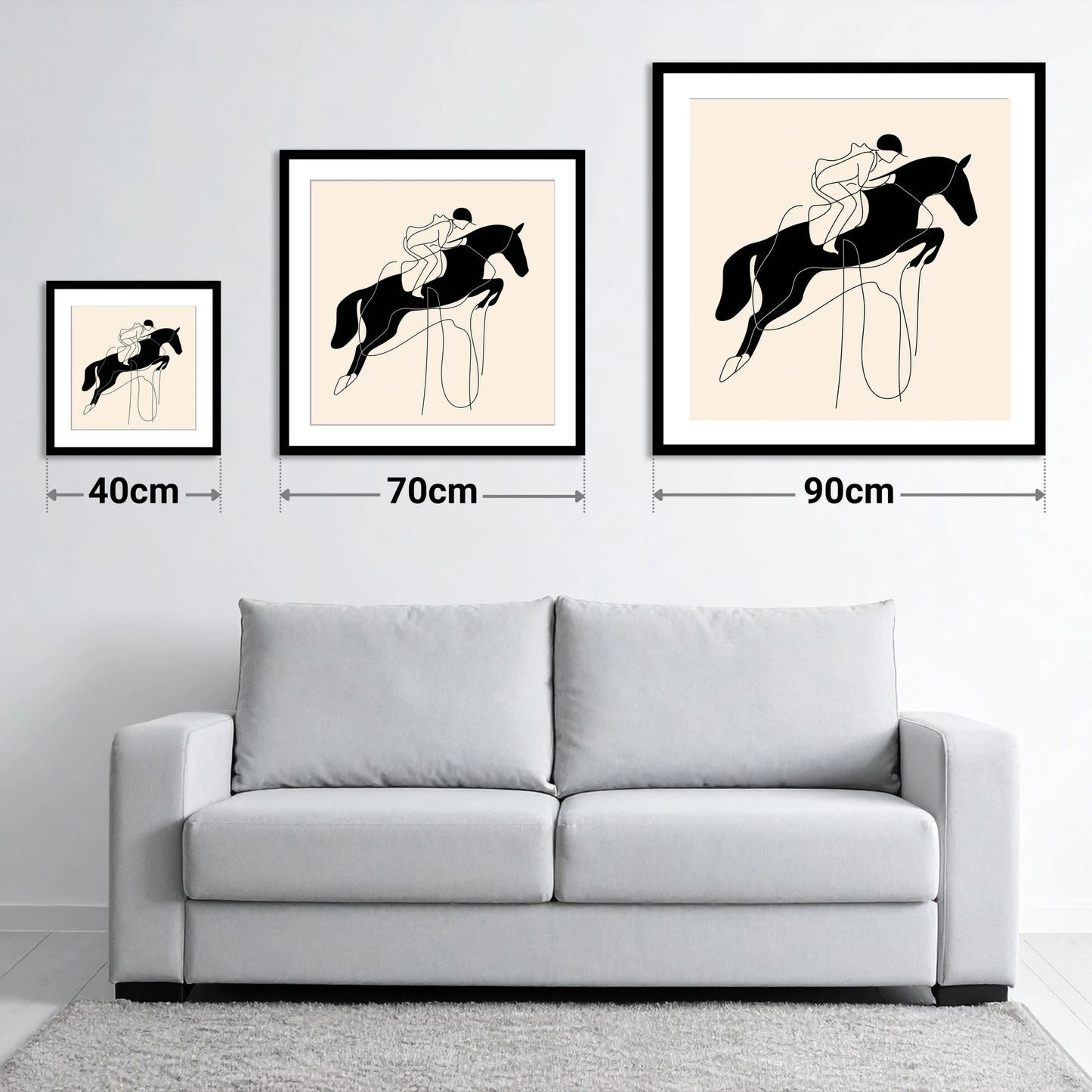 Flight and Form - size guide showing 40cm, 70cm and 90cm art prints