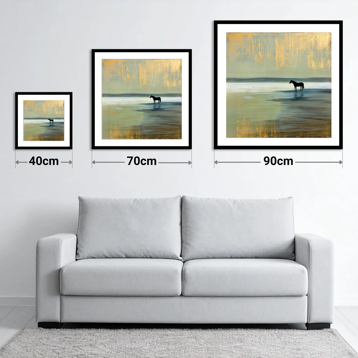 Gilded Horizon - size guide showing 40cm, 70cm and 90cm art prints