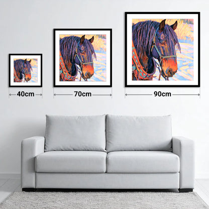 Vibrant Heavy Horse In Winter Light - size guide showing 40cm, 70cm and 90cm art prints